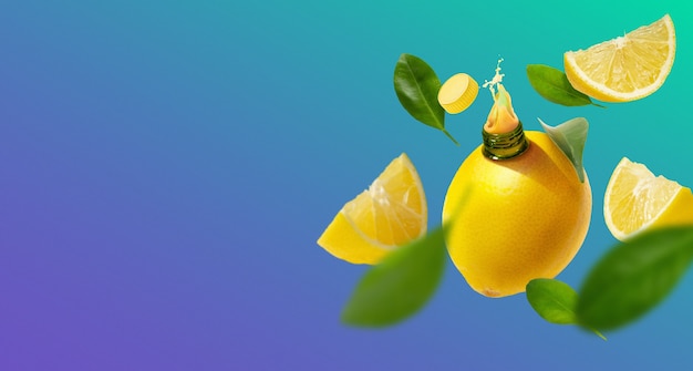 Anordnung aus natürlichem Zitronensaft und Blättern