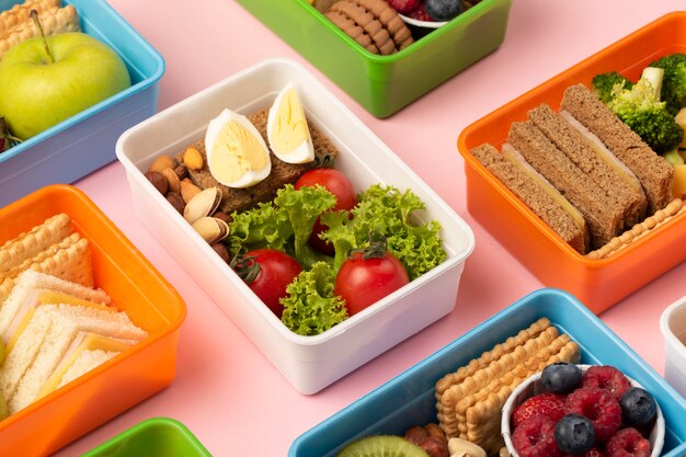 Anordnung der leckeren Lunchboxen mit hohem Winkel