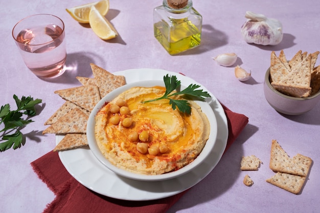 Kostenloses Foto anordnung von hummus und crackern mit hohem winkel