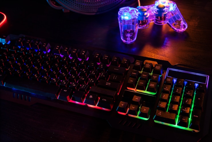 Kostenlose Foto ansicht der beleuchteten neon-gaming-tastatur und des controllers