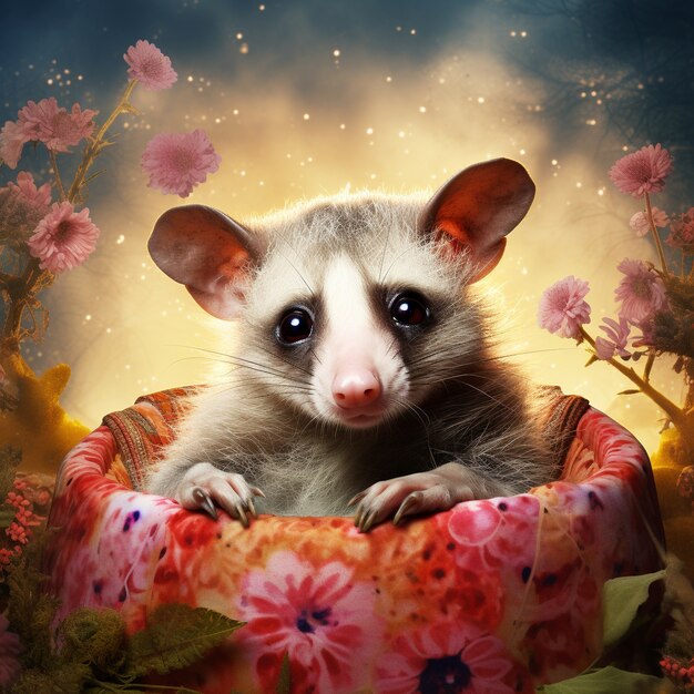 Ansicht der Opossum-Cartoon-Figur mit Blumen