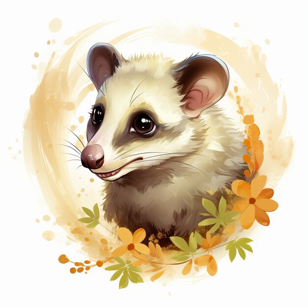 Kostenloses Foto ansicht der opossum-cartoon-figur mit blumenrahmen