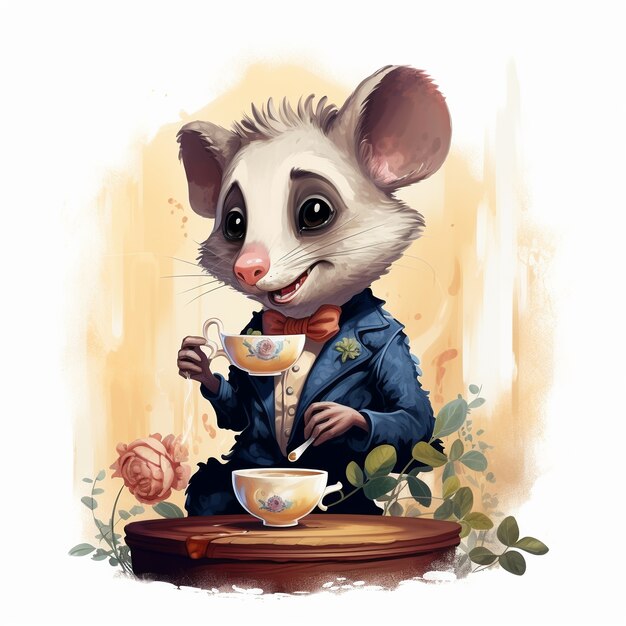 Ansicht der Opossum-Cartoon-Figur mit Teetasse