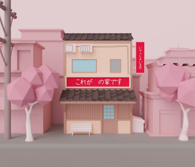 Ansicht des 3D-Hauses im japanischen Stil