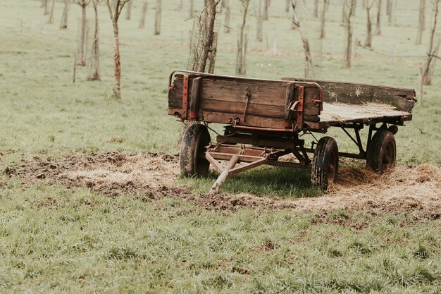 Ansicht des Hofwagens, der auf dem Feld an einen Traktor angehängt werden soll