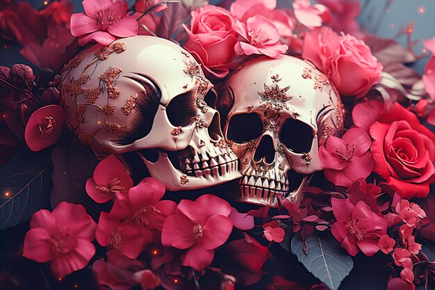 Ansicht des menschlichen Skelettschädels mit Blumen
