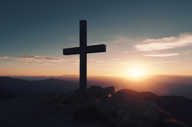 Ansicht des religiösen Kreuzes auf der Bergspitze mit Himmel und Wolken