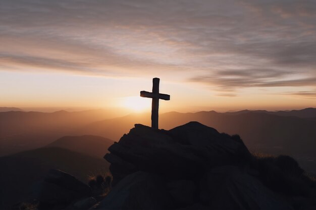 Ansicht des religiösen Kreuzes auf der Bergspitze mit Himmel und Wolken