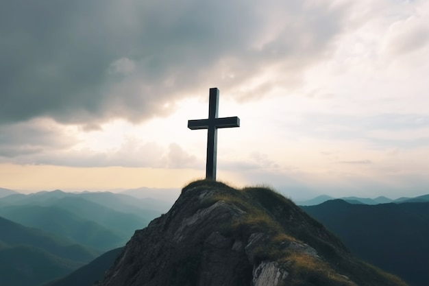 Ansicht des religiösen Kreuzes auf der Bergspitze mit Himmel und Wolken
