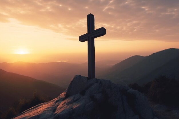 Ansicht des religiösen Kreuzes auf der Bergspitze mit Himmel und Wolken