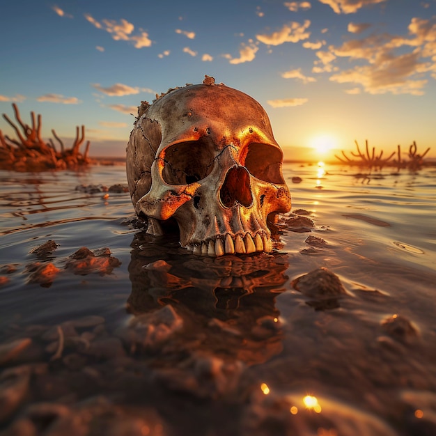 Ansicht des Skelettschädels, der aus dem Wasser auftaucht
