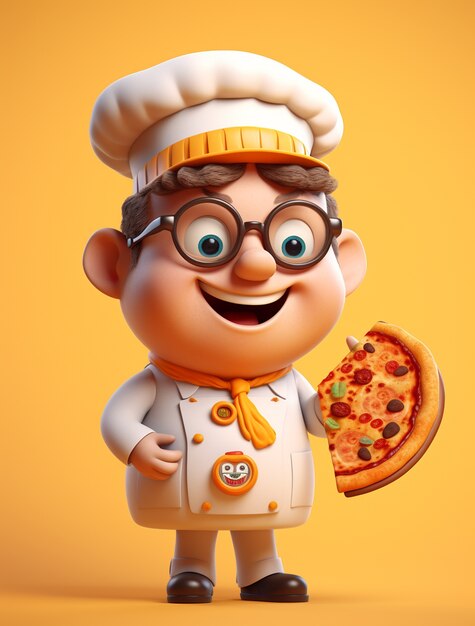 Ansicht des Zeichentrick-Chefs mit köstlicher 3D-Pizza