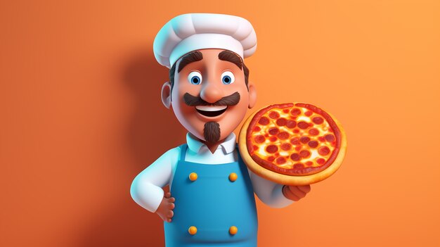 Ansicht des Zeichentrick-Chefs mit köstlicher 3D-Pizza