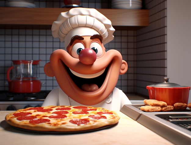 Ansicht des Zeichentrick-Chefs mit köstlicher 3D-Pizza