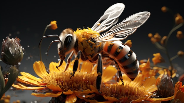 Kostenloses Foto ansicht einer 3d-biene auf blumen