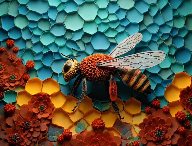 Ansicht einer 3D-Biene mit Blumen