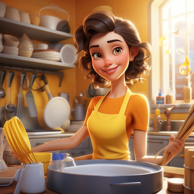 Ansicht einer 3D-Frau in der Küche