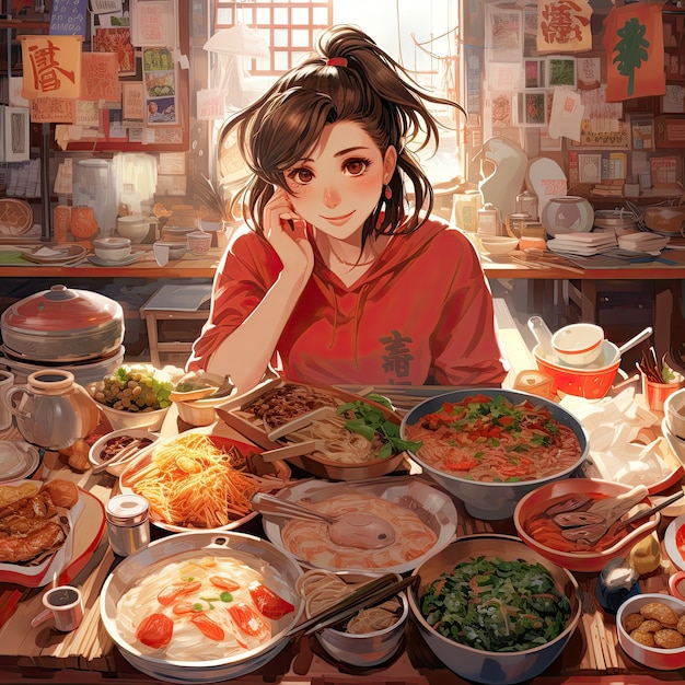 Kostenloses Foto ansicht einer person, die ein köstliches essen beim wiedervereinigungsessen im anime-stil genießt