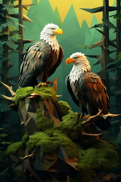 Ansicht eines 3D-Adlerpaares auf Baumzweigen