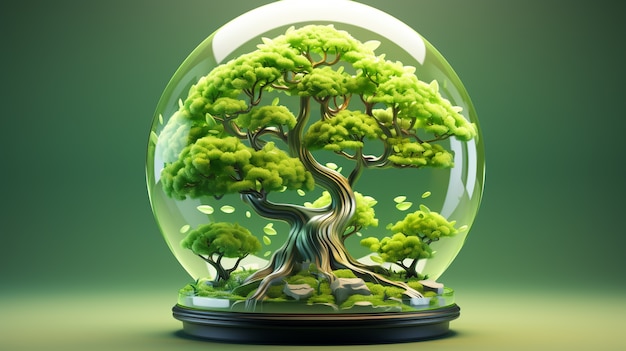 Ansicht eines 3D-Baumes in einem klaren Glasglobus