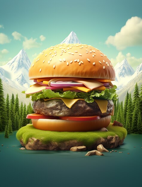 Ansicht eines 3D-Burgers mit Naturkulisse