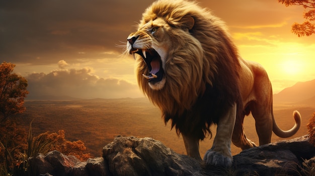Ansicht eines 3D-Löwen mit Naturhintergrund