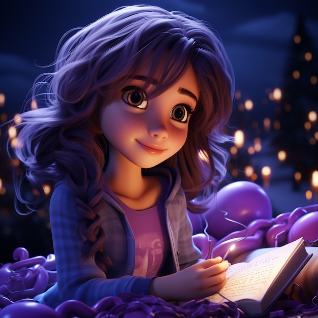 Ansicht eines 3D-Mädchens mit offenem Buch