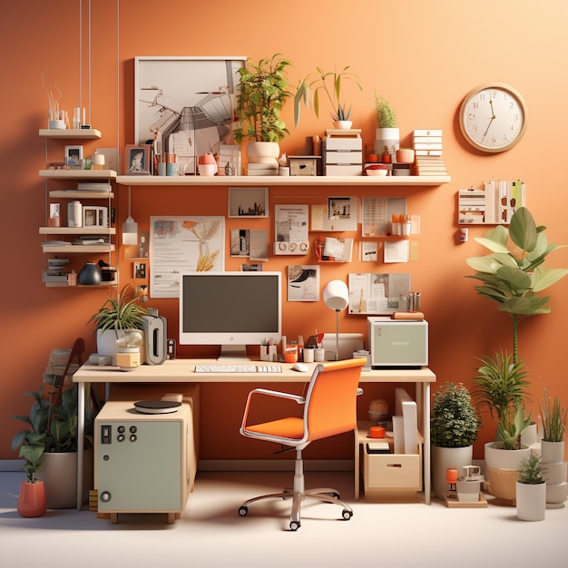 Kostenloses Foto ansicht eines 3d-personalcomputers mit arbeitsstation und büroartikeln