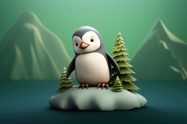 Ansicht eines 3D-Pinguin-Vogels mit Naturlandschaft