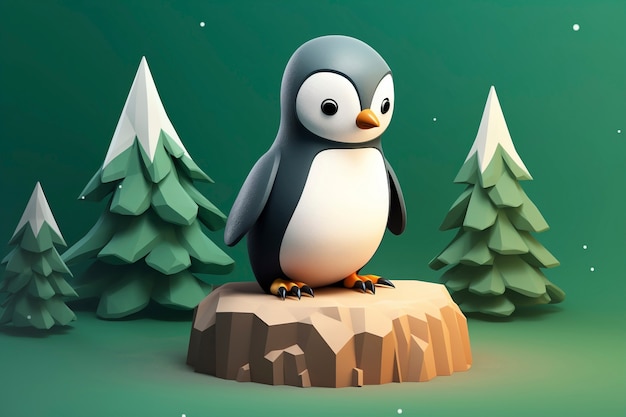 Ansicht eines 3D-Pinguin-Vogels mit Naturlandschaft