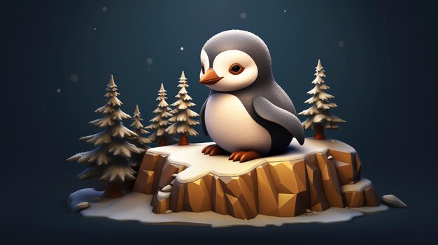 Ansicht eines 3D-Pinguin-Vogels mit Naturlandschaft