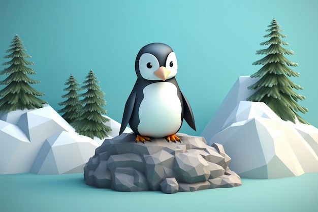 Ansicht eines 3D-Pinguin-Vogels mit Naturlandschaft