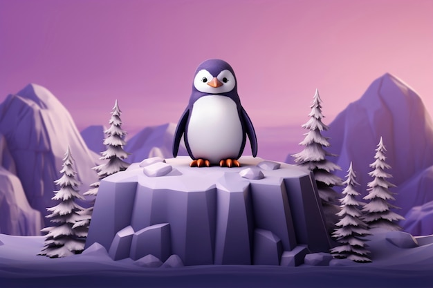 Ansicht eines 3D-Pinguin-Vogels mit Naturlandschaft