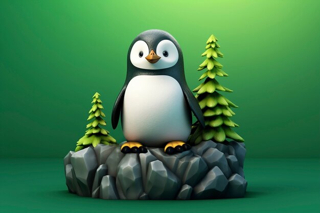 Ansicht eines 3D-Pinguin-Vogels mit Naturlandschaft