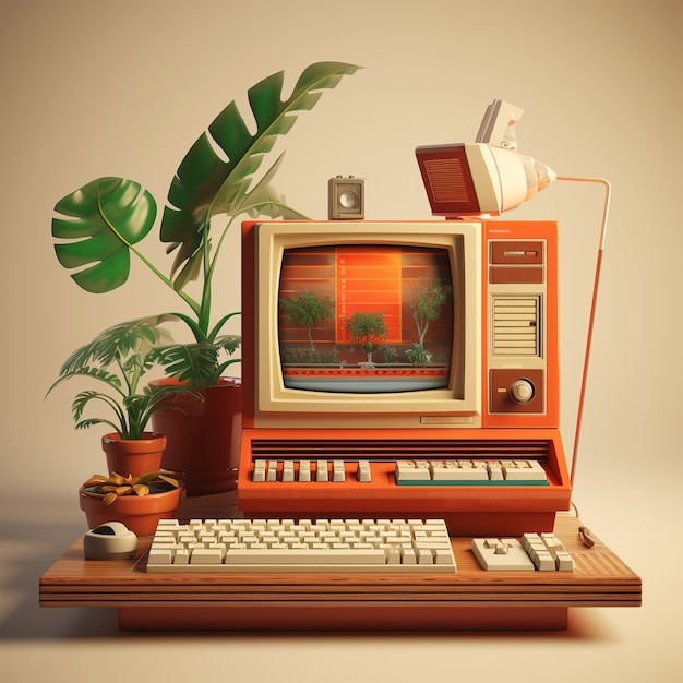 Kostenloses Foto ansicht eines 3d-retro-computers mit kathodenstrahlröhre