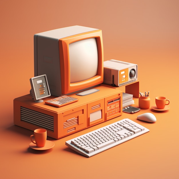 Kostenloses Foto ansicht eines 3d-retro-computers mit kathodenstrahlröhre