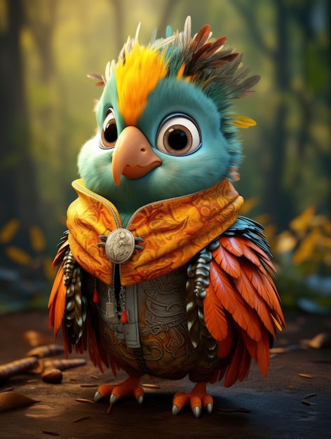 Ansicht eines 3D-Vogels mit einheimischem Outfit