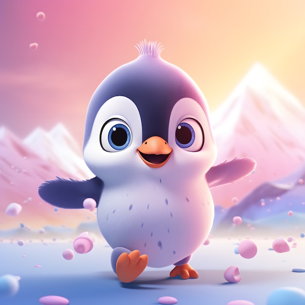 Ansicht eines Cartoon-animierten 3D-Pinguins