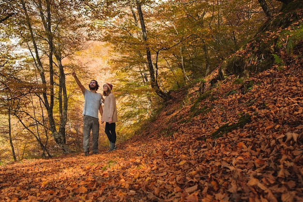 Ansicht eines jungen Paares, das den Wald bewundert, der im Herbst von Blättern bedeckt wird