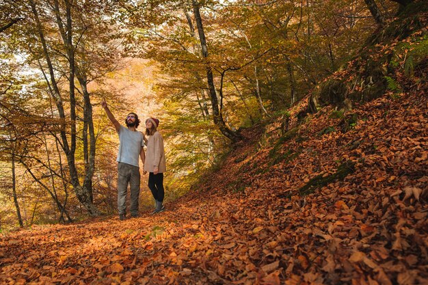 Ansicht eines jungen Paares, das den Wald bewundert, der im Herbst von Blättern bedeckt wird