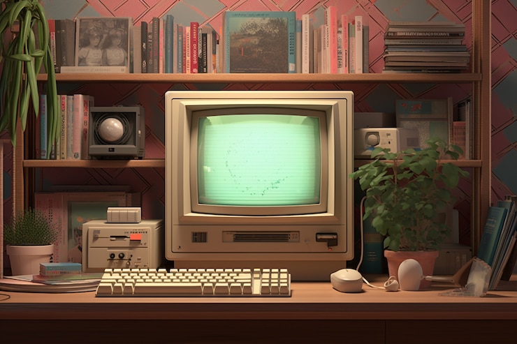 Kostenlose Foto ansicht eines retro aussehenden computers auf einem schreibtisch