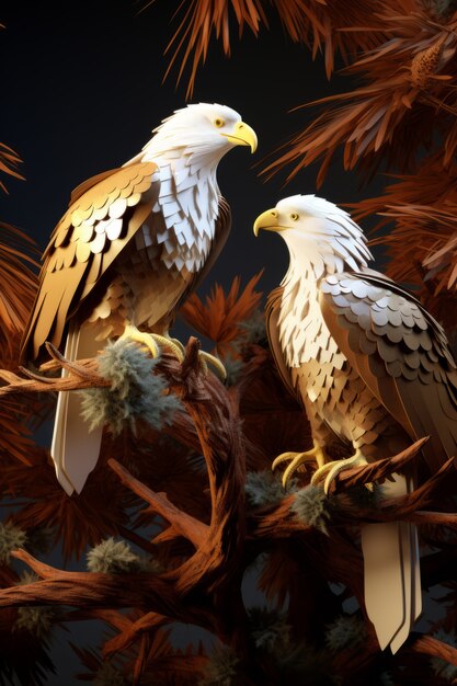 Ansicht von 3D-Adlern auf einem Ast