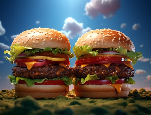 Kostenloses Foto ansicht von 3d-burgern mit himmelshintergrund