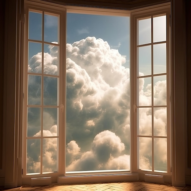 Ansicht von 3D-Fenstern mit flauschigen Wolken