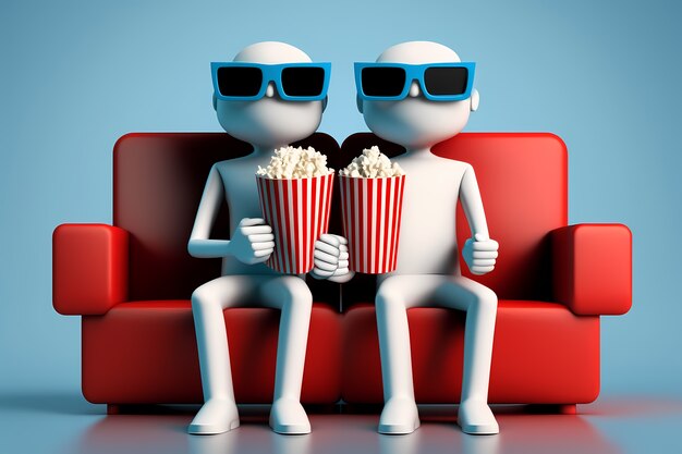 Ansicht von 3D-Menschen im Kino mit Popcorn