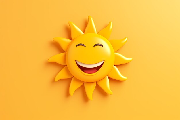 Ansicht von 3D-Smiley und glücklicher Sonne mit gelbem Hintergrund