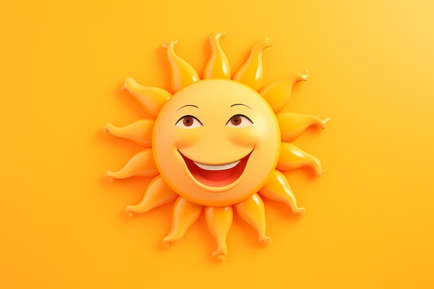 Ansicht von 3D-Smiley und glücklicher Sonne mit gelbem Hintergrund