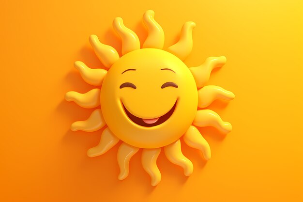 Ansicht von 3D-Smiley und glücklicher Sonne mit gelbem Hintergrund