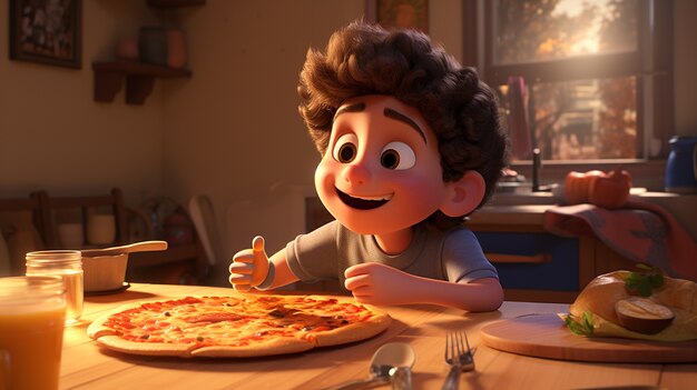 Ansicht von Cartoon-Kind mit köstlicher 3D-Pizza