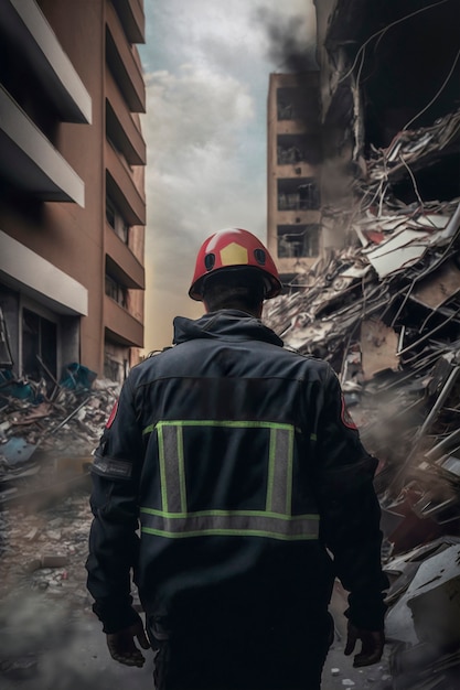 Ansicht von Feuerwehrleuten zwischen betroffenen Gebäuden nach einem Erdbeben